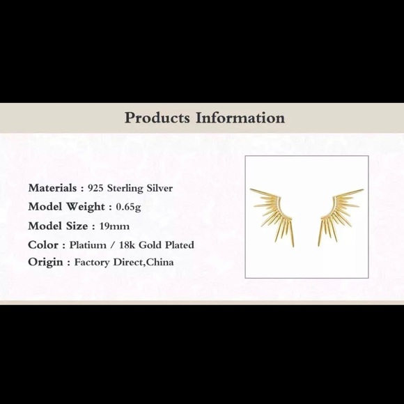 Radiance Sun Wings Light Rays 18k Gold Plated S925 Stud Pierced Earrings 2pc - Picture 2 of 7